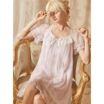 RoseTree公主風睡裙女夏季短袖蕾絲甜美性感宮廷風睡衣2024年新款