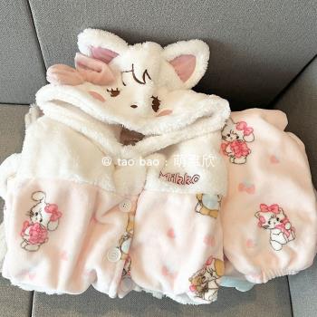可愛小貓睡衣女春秋冬季珊瑚絨加厚連帽長袖套裝少女粉色外穿睡袍