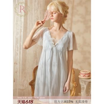 RoseTree性感睡裙女夏季法式短袖V領公主蕾絲睡衣帶胸墊一體夏天