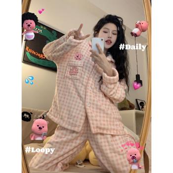 韓國卡通loopy格子珊瑚絨睡衣女秋冬季可愛日系法蘭絨家居服套裝