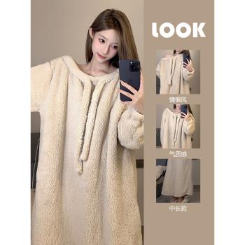 韓版高級珊瑚絨睡衣女加絨加厚冬季2023年新款長款毛絨睡裙家居服