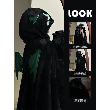 韓版可愛小怪獸珊瑚絨睡衣女冬季2024年新款毛絨睡袍家居服睡裙冬
