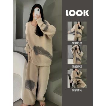 韓版高級半邊絨睡衣女冬季2023年新款加絨加厚毛絨針織家居服套裝