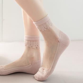 水晶絲襪子女夏季薄款透氣小雪花卡絲中筒襪舒適棉底外穿玻璃絲襪