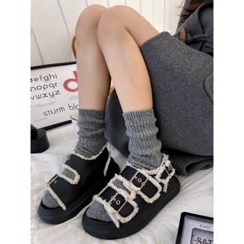 灰色襪子女冬季加絨加厚保暖復古韓系中筒豎條紋純色羊毛堆堆襪潮