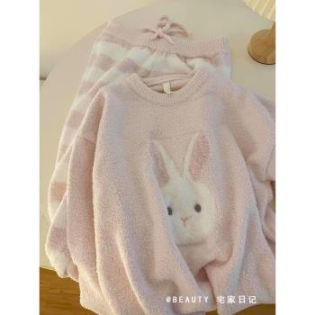 可愛兔子印花高級毛絨針織睡衣女冬季加厚保暖2023新款家居服套裝