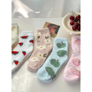 水果圖案珊瑚絨襪子女加厚毛巾地板睡眠長筒月子襪秋冬居家保暖襪