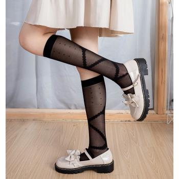 新品暗黑性感蕾絲蝴蝶結綁帶點點中筒絲襪白色黑色交叉小腿襪女