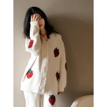 貝妍冬季甜美草莓睡衣保暖珊瑚絨大碼高級感半邊絨加厚法蘭絨保暖