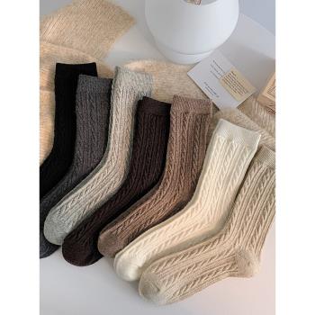 日系復古麻花豎條紋襪子女中筒襪秋冬天加厚保暖羊毛襪外穿堆堆襪
