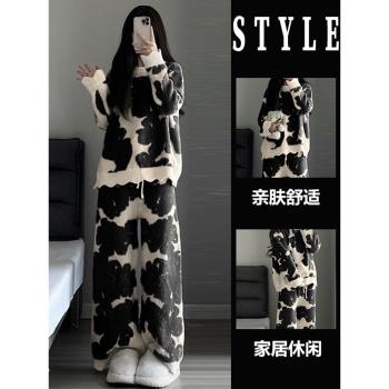 韓版高級感長袖睡衣女加絨加厚秋冬季大碼新款撞色針織家居服套裝