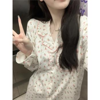 甜美花邊印花長袖睡衣女網紅風2023年新款秋季少女長褲家居服套裝