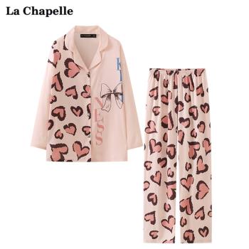 拉夏貝爾/La Chapelle翻領愛心豹紋蝴蝶結睡衣套裝休閑居家服秋季