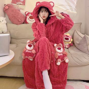 草莓熊睡衣女秋冬季長款加厚珊瑚絨可愛卡通睡裙法蘭毛絨外套睡袍