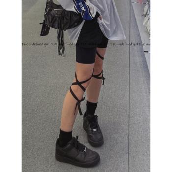 FDC機能風綁帶打底褲韓國小眾騎行褲運動混搭純色五分褲外穿黑色