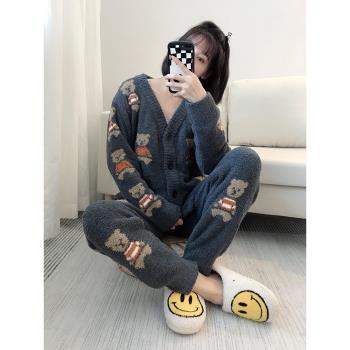 女可愛卡通對襟小熊半邊絨睡衣