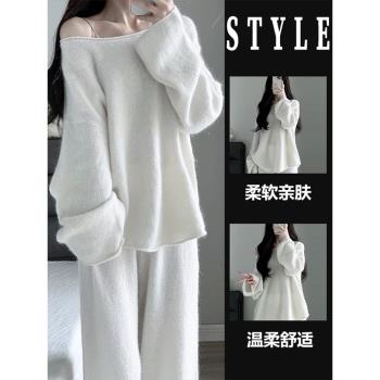 韓系高級感毛絨針織長袖睡衣女加絨加厚冬季純欲風家居服大碼套裝