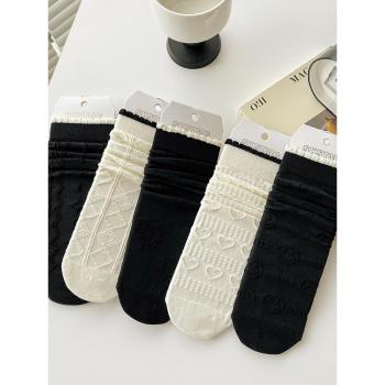 黑白花邊襪子女夏季薄款透氣中筒襪jk日系學院風甜美條紋堆堆襪