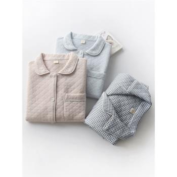 簡約格子情侶睡衣秋冬季純棉空氣層三層夾棉保暖長袖家居服套裝