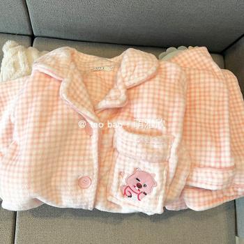 粉色格子睡衣女款春秋冬季法蘭珊瑚絨加厚套裝可愛少女休閑家居服