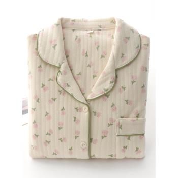 甜美小碎花睡衣女士秋冬季純棉空氣層三層保暖長袖長褲家居服套裝