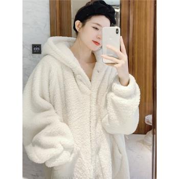 女冬款加厚連帽法蘭絨家居服睡袍
