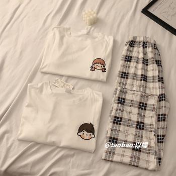 韓國短袖長褲純棉格子情侶睡衣