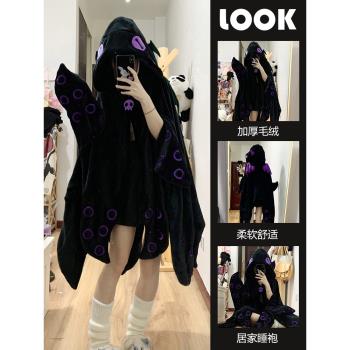 小惡魔連帽珊瑚絨睡衣女冬季2024新款加厚家居服披風斗篷毛絨睡袍