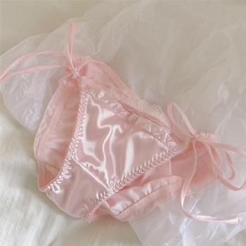 粉色法式緞面高級感仿真絲牛奶絲系帶性感蕾絲花邊女士低腰內褲