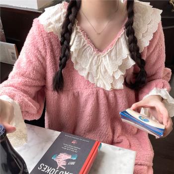 韓國甜美公主風V領珊瑚絨女睡衣