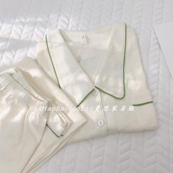娃娃領睡衣女春秋純棉長袖2022年新款米白簡約家居服開衫兩件套裝