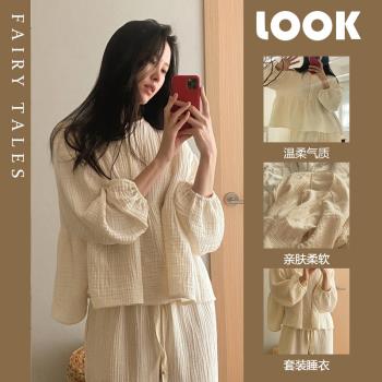 韓系溫柔長袖睡衣女網紅風秋款2023年新款少女高級棉紗居家服套裝