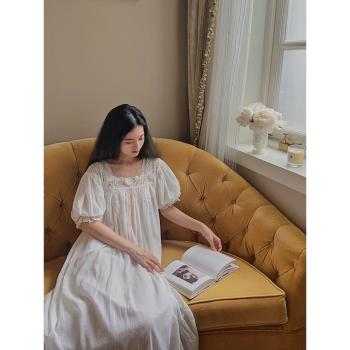 法式經典復古宮廷甜美方領蕾絲睡裙寬松長裙 可外穿睡衣女短袖夏
