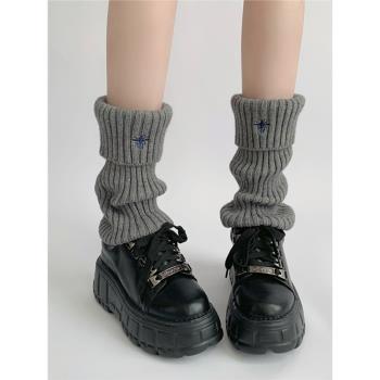 夜間教習室襪套女款冬季小蜜蜂刺繡jk中筒襪針織腿套灰色堆堆襪子