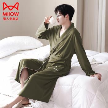 貓人男士純棉長袖青少年春款睡袍