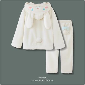 玉桂狗睡衣女秋冬款珊瑚絨大耳狗連帽可愛毛絨日系加厚家居服套裝