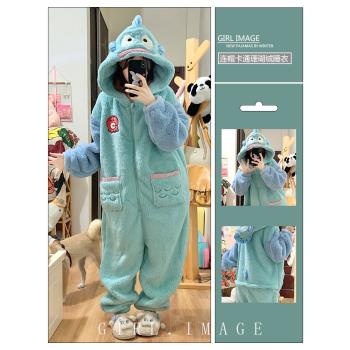 冬天可愛小鯊魚睡袍女款加絨加厚珊瑚絨睡衣女冬季連體家居服套裝