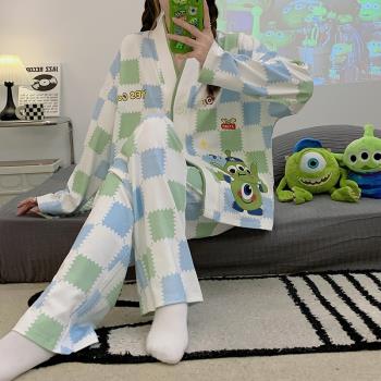 睡衣女士春秋款純棉長袖開衫薄款全棉韓版格子家居服可外穿套裝