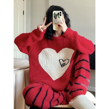 紅色愛心女保暖加厚珊瑚絨睡衣