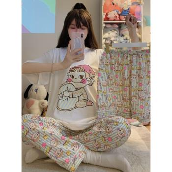 網紅風不二家睡衣女夏短袖棉質薄款三件套韓國ins卡通學生家居服