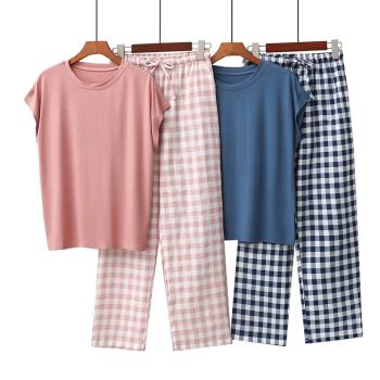 日系睡衣女夏季格子2021年新款ins莫代爾棉紗薄款短袖長褲兩件套