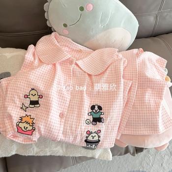 卡通粉色格子睡衣女款春秋冬季純棉長袖長褲兩件套學生可愛家居服