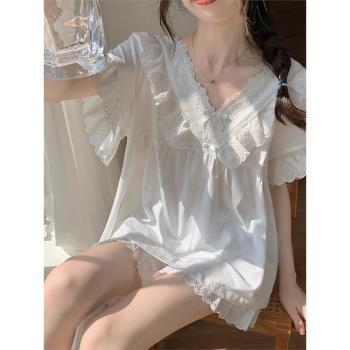 短袖睡衣女夏季薄款純棉2023年新款高階感公主風蕾絲花邊夏天套裝
