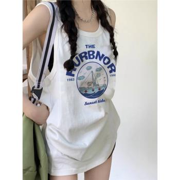 韓國無袖背心裙中長款學生夏季睡衣BF風T恤少女睡裙卡通家居吊帶