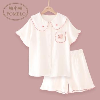夏季新款純棉紗布圓領刺繡熊愛心甜美短袖短褲全棉家居服睡衣套女