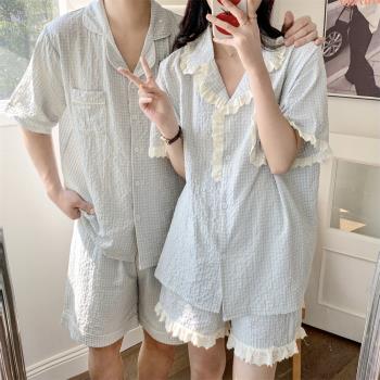 睡衣女夏季短袖短褲韓版甜美蕾絲邊格子泡泡棉情侶家居服兩件套裝