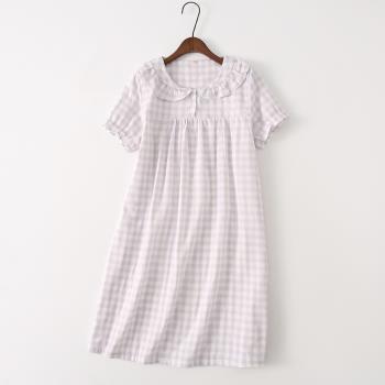 短袖睡裙女夏季新款純棉紗布薄款睡衣可愛學生日系棉麻家居裙子