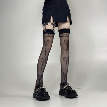 黑色絲襪愛心鏤空漁網襪性感暗黑印花過膝襪網紅情趣蕾絲邊大腿襪