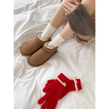 奶油暖暖羊毛純色中筒襪女 豎條紋柔軟細膩堆堆襪親膚保暖白色ins