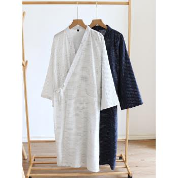 日式男提花純棉和服條紋寬松浴袍